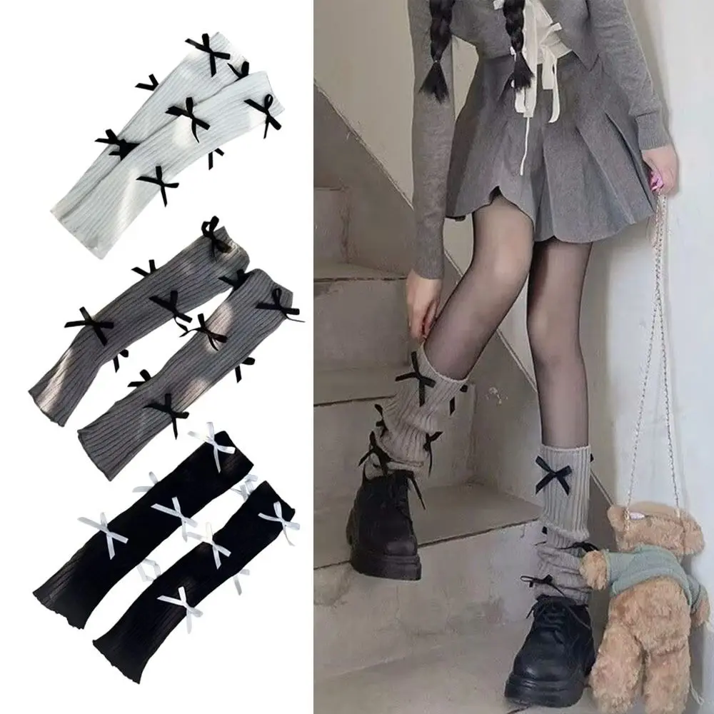 Casual Bow Knot Knitted Leg Warmers 40cm Thermal Foot Cover White Black Knitted Texture Knitted Socks Autumn Winter