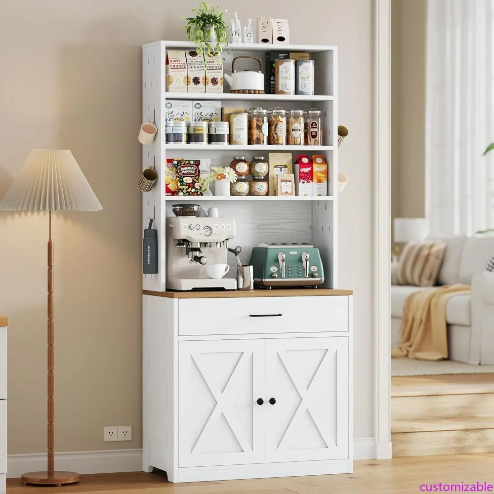 

Шкаф для кофе-бара в стиле фермерского дома с подставкой для микроволновой печи, хранилищем и регулируемыми дверцами сарая