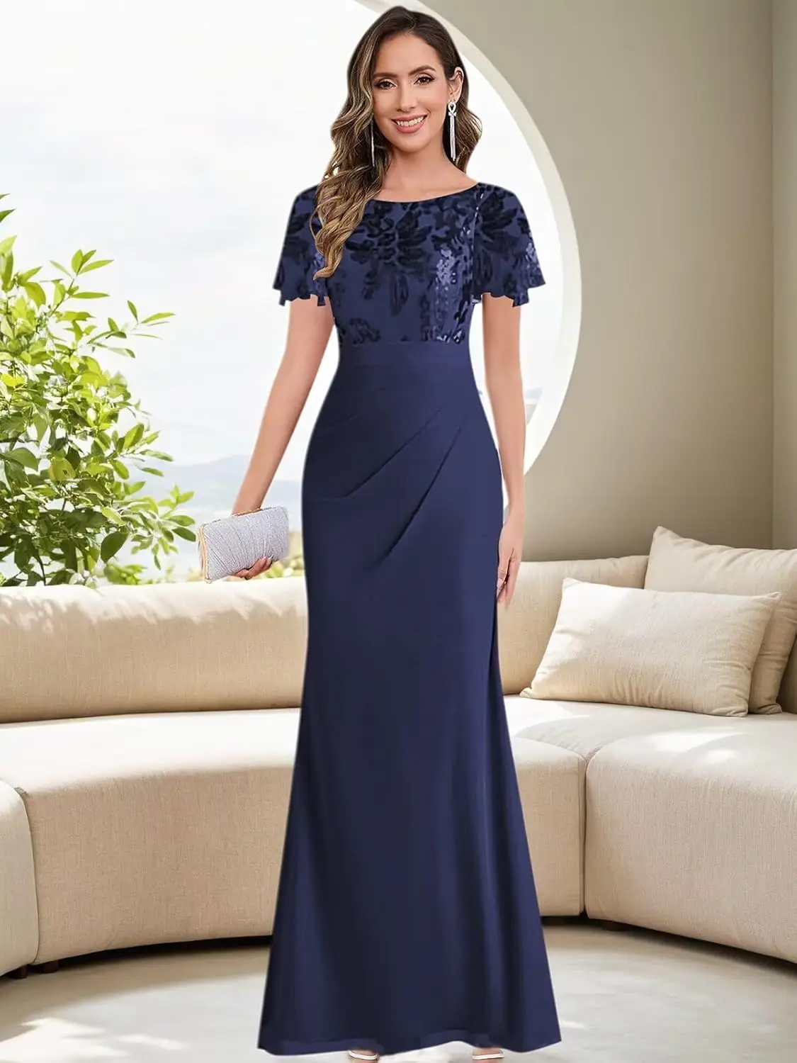 Formal Mermaid Mother of The Bride Dresses for Women with Sleeves Floral Sequin Chiffon Evening Dress