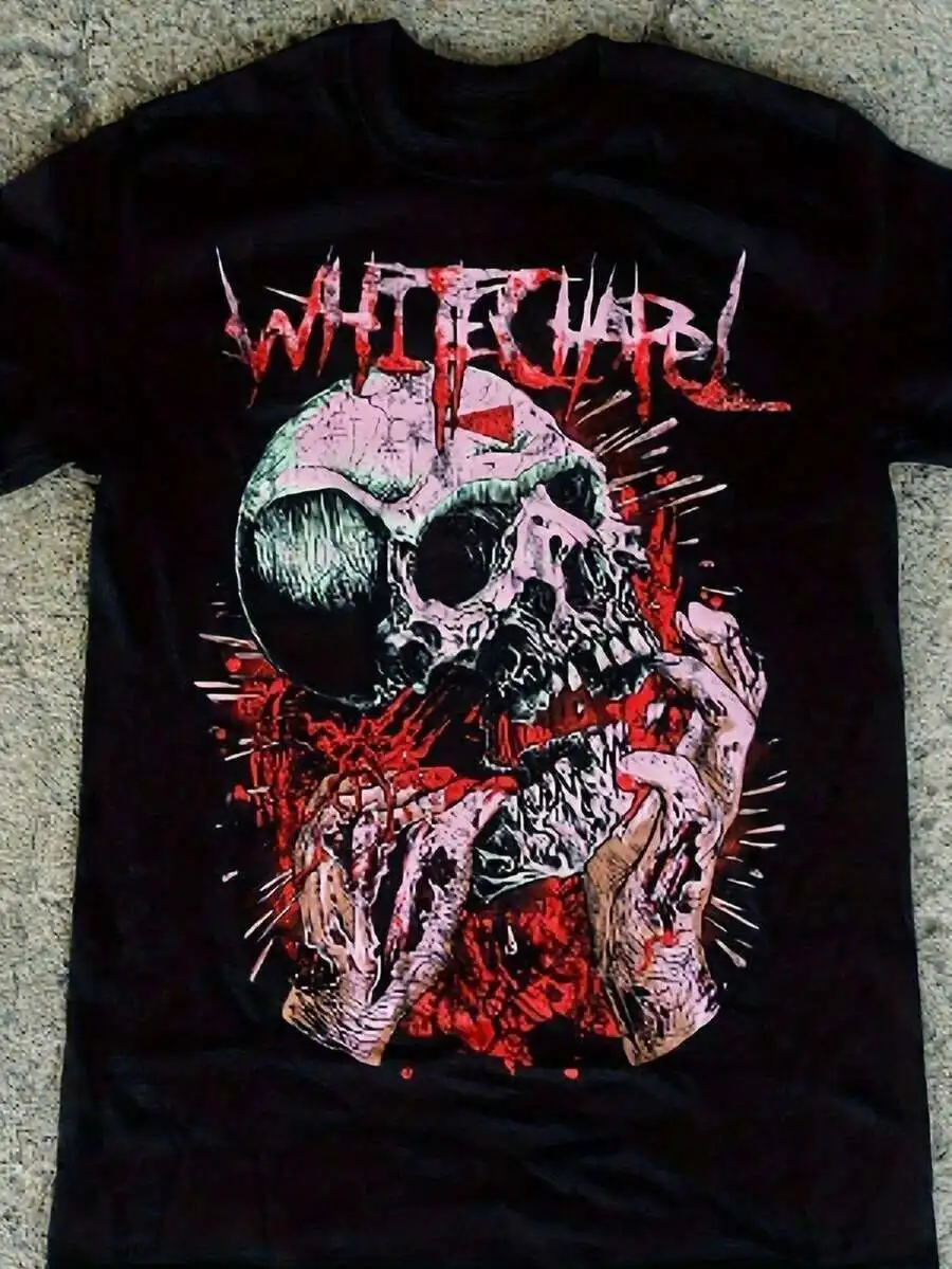 Unisex Whitechapel Band Skull & Barbed Wire Graphic Black T-Shirt, 100% Cotton Round Neck Short Sleeve Regular Fit Casual Metal Tee