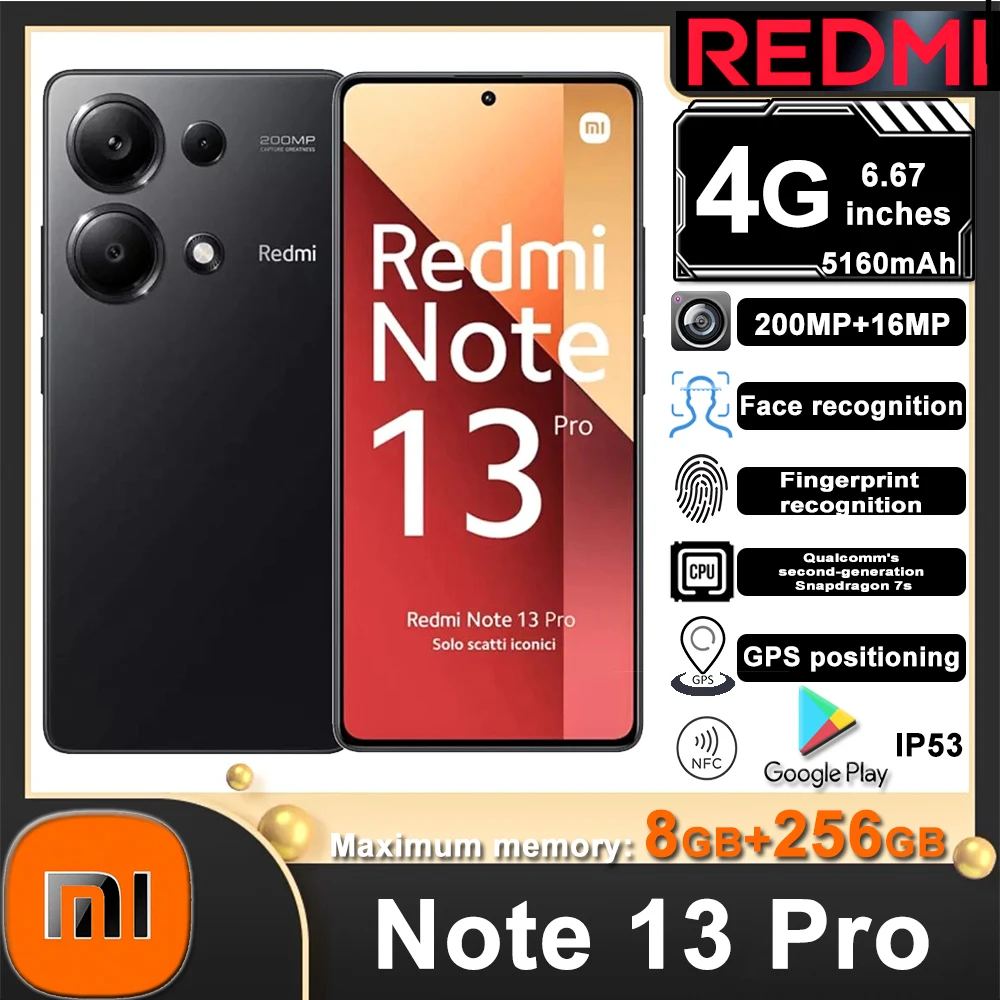 

Оригинальный XIAOMI Redmi Note 13 Pro 4G, 6,67-дюймовый экран с частотой 120 Гц, разрешением 2712×1220, 200 миллионов пикселей, 8 ГБ+256 ГБ памяти, с функцией NFC.