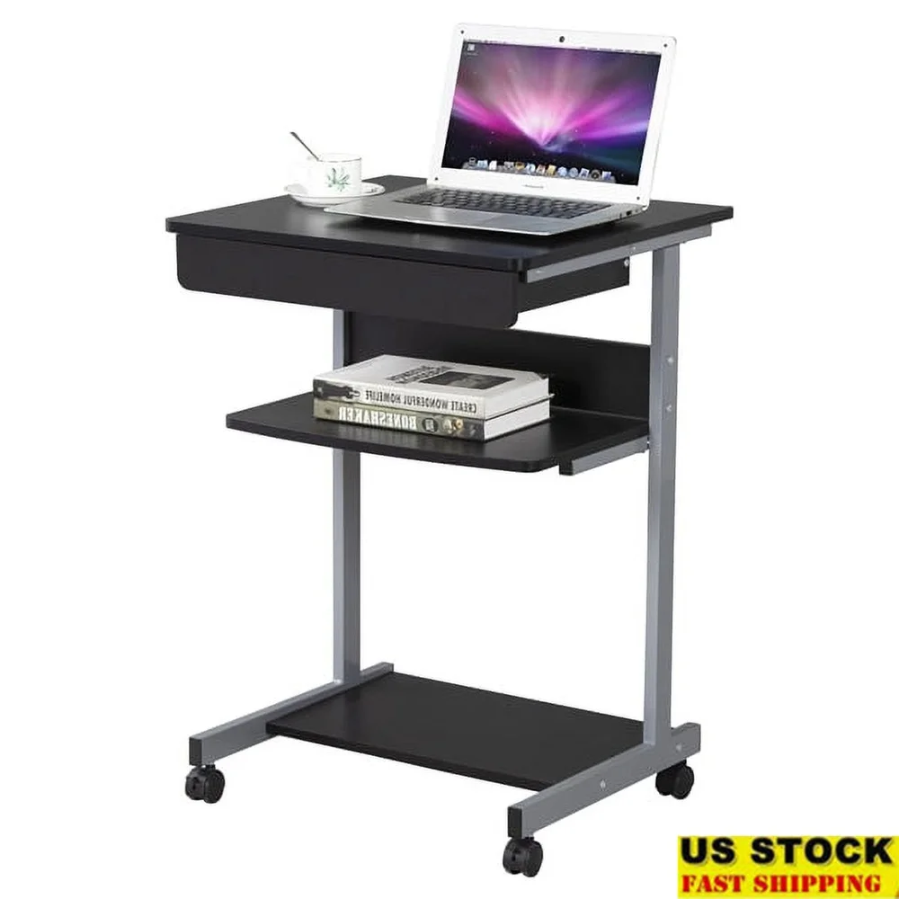 

Rolling Computer Desk with Drawer and Shelves Durable Laptop Table on Wheels Mobile Writing Station Home Office Compact Storage