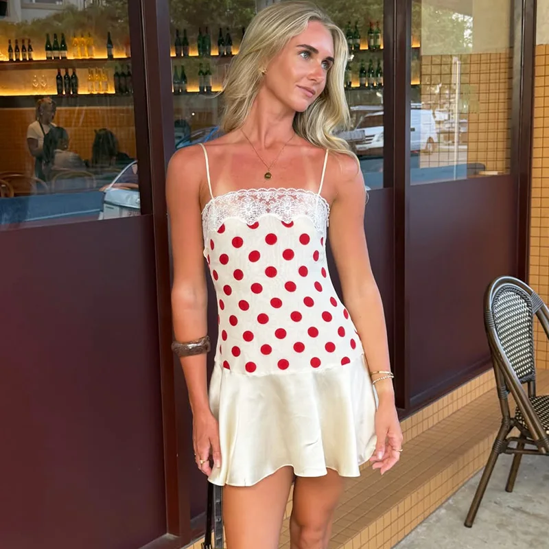 

Ticketsx Lace Polka Dot Mini Dress Sexy Contrast Patchwork Backless Slim Sling Dress Summer Fashion Vintage Party Vacation Dress
