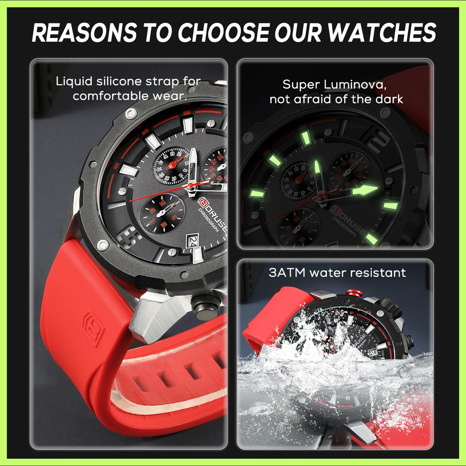 BORUSE Watches for Men Luxury Chronograph Red Silicone Quartz Wristwatch Men Waterproof Luminous Sport Watch