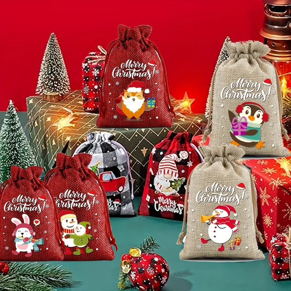 Weihnachts-Geschenktüten mit Kordelzug, Verpackungsbeutel, grobe Hanfbeutel, Kunstzubehör, Kinder, Kordelzug für Urlaubsparty-Geschenke