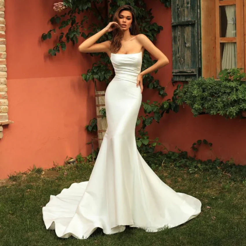 Vestidos De novia De trompeta sin tirantes, vestido De novia Sexy, vestido De novia elegante, vestido De novia De sirena De satén Simple personalizado