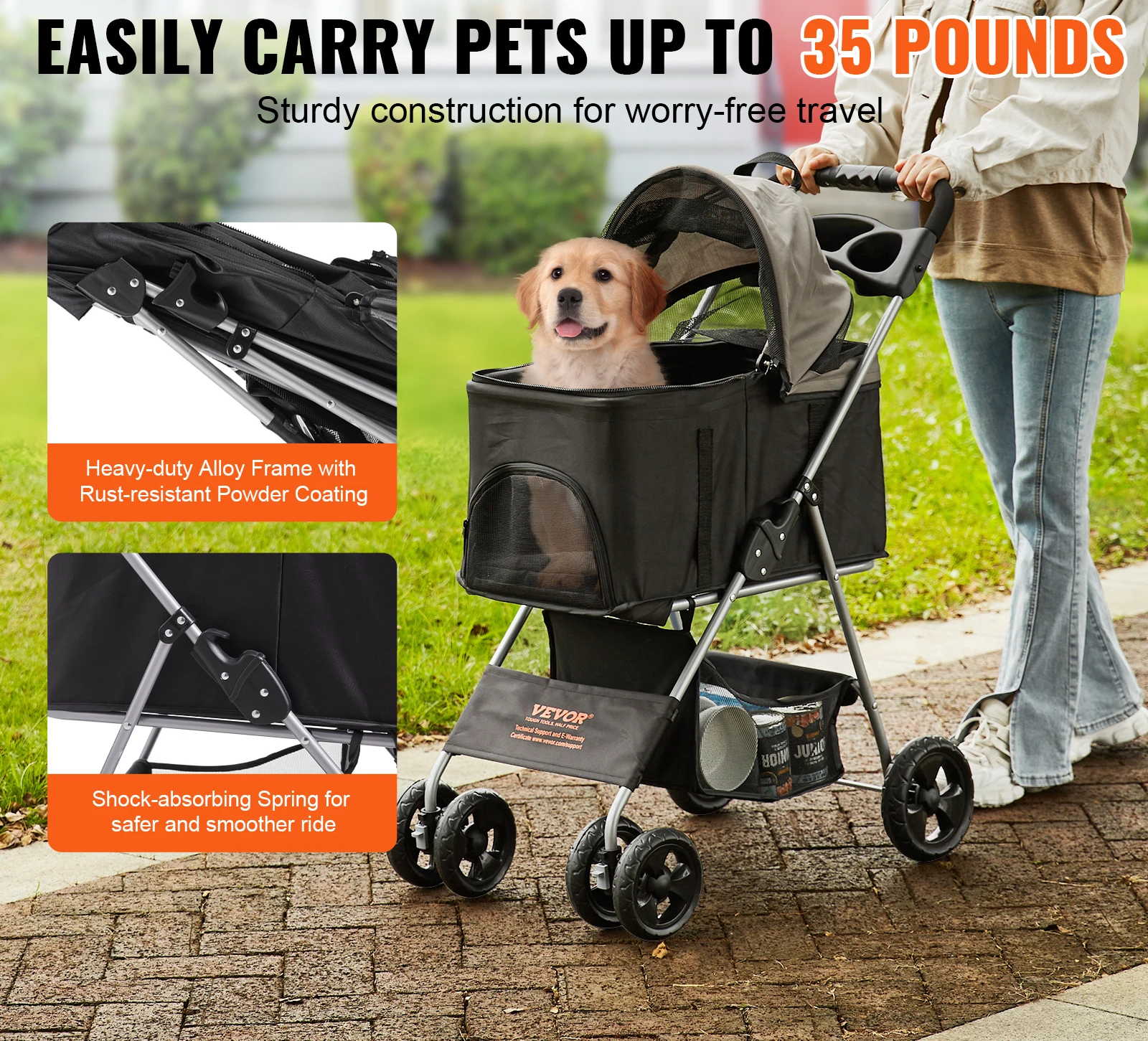 35lbs 4 Wheels Pet Dog Stroller with Brakes Storage Basket Cup Holder Puppy Stroller for Cats Travel Dogs Accessories