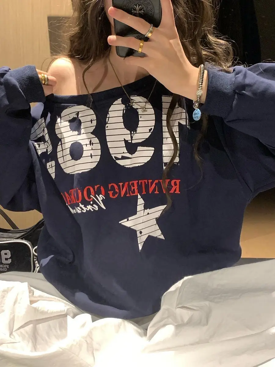 

Ранняя осень 2022, толстовки Spice Girl, ретро, американские, с наклонными плечами, с буквенным принтом, повседневные топы с длинными рукавами и буквенным принтом