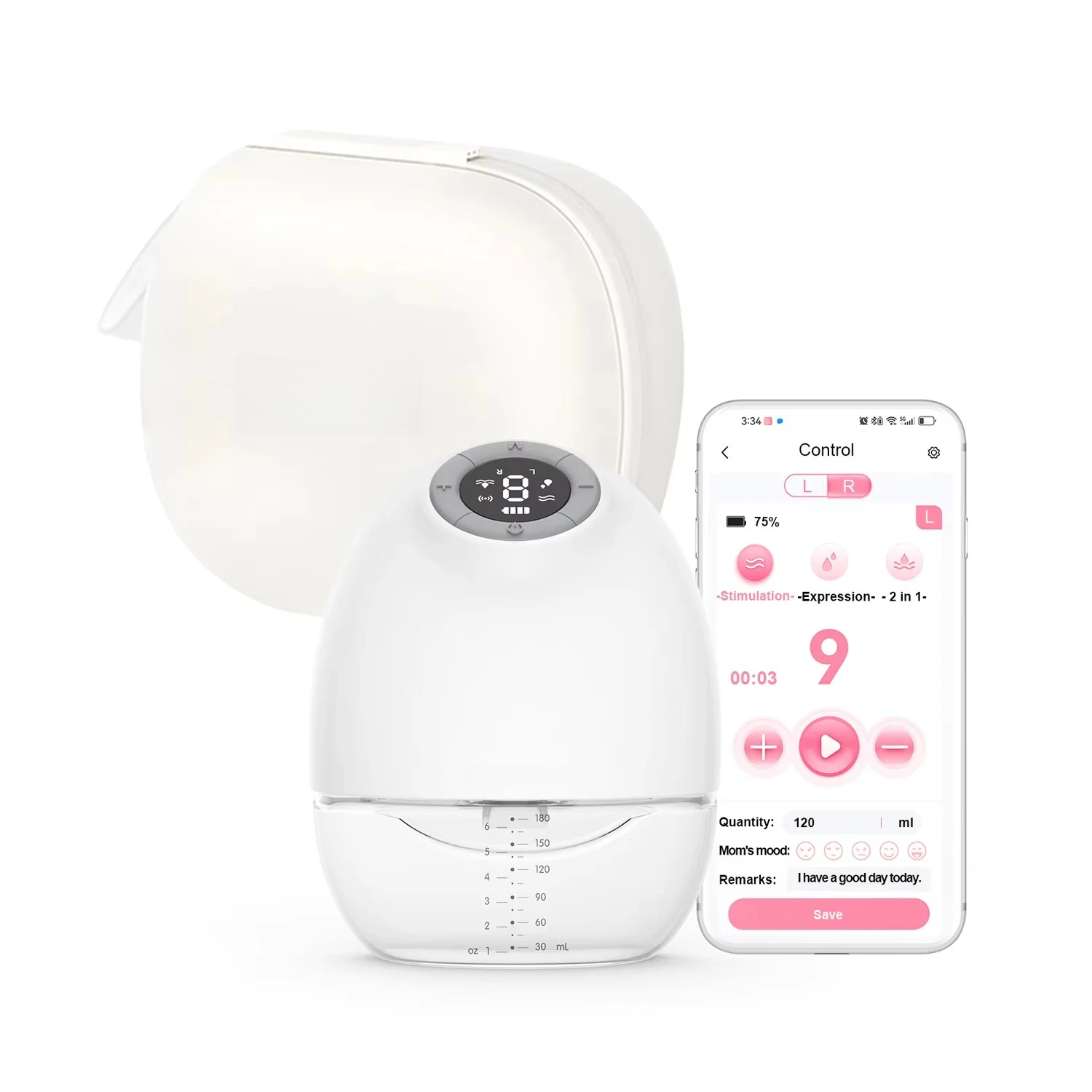 

Wholesale APP Control Hands Free Electric Wearable Breast Pump Noiseless Milk Volume Record with Storage Bag