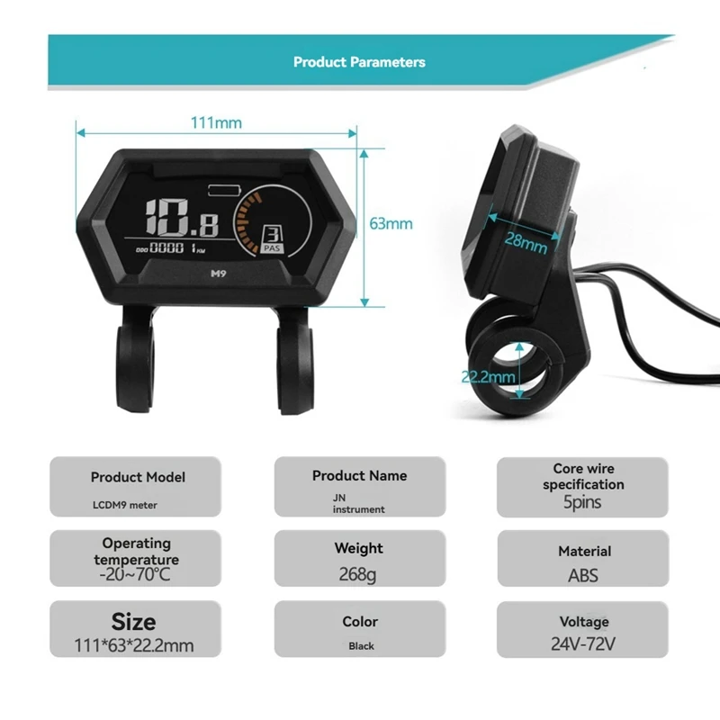 M9 Electric Bicycle LCD Display 24V-72V Electric Scooter LCD Color Meter For Snowmobile LCD Speedometer Waterproof 5PIN