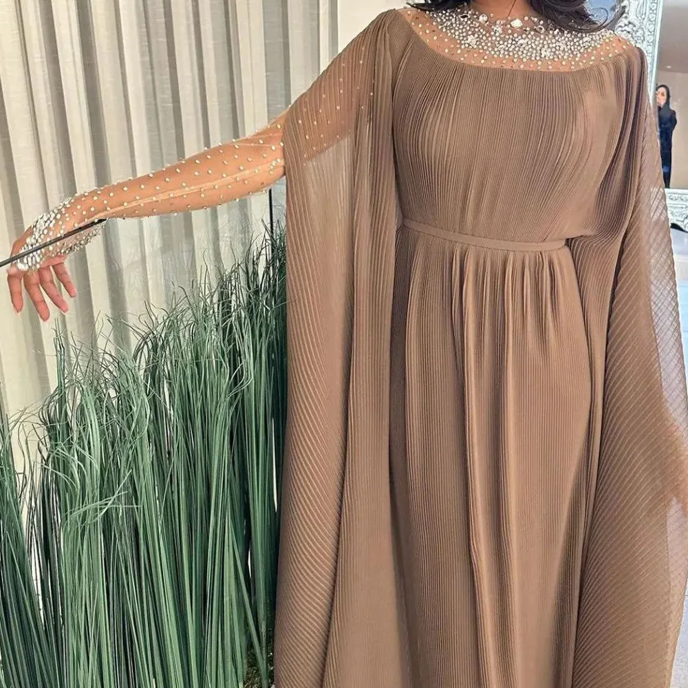 

Straight High Neckline Chiffon Full Sleeves Elegant and Luxury Evening Dresses Watteau Train Crystal Pleats Saudi Arabia 2024