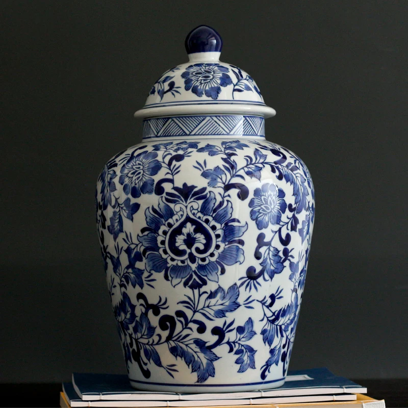 Ceramic storage tank  decorative ornament blue and white porcelain desktop vase with lid, living room countertop