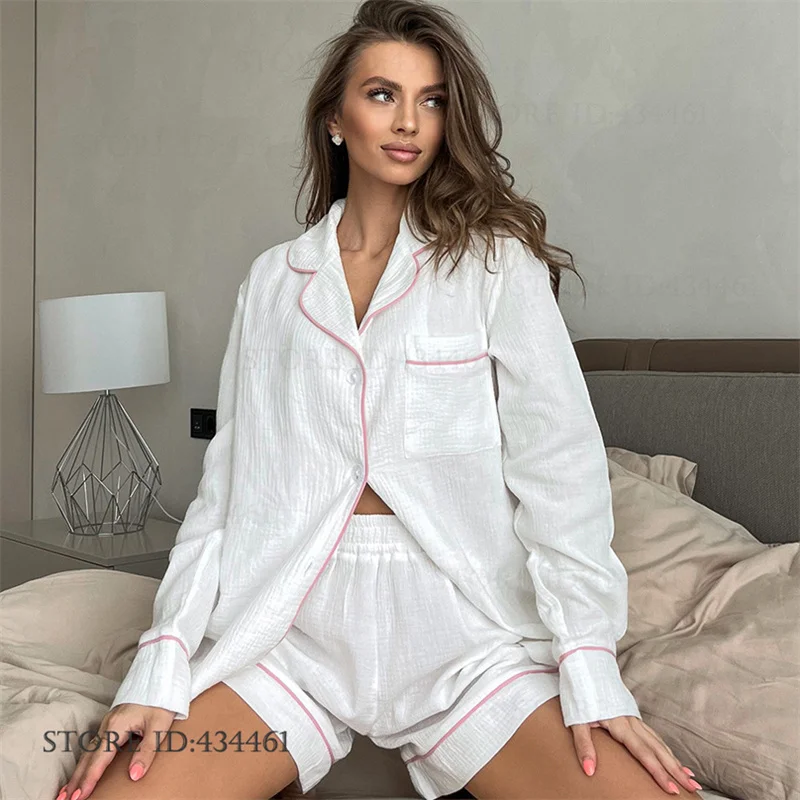 Summer New Cotton Gauze Womens Pajamas Set Loungewear Loose Long Sleeve Shorts Pijamas Suit Comfortable Breathable Homewear