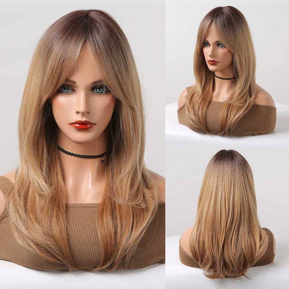 

Honey Blonde Hair Wigs With Long Bangs For Women Natural Layered Fashion