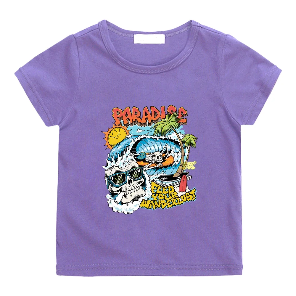 Camiseta de verano de esqueleto de paraíso para niños y niñas, camisa informal de manga corta, 100% algodón, estampado gráfico de dibujos animados Kawaii