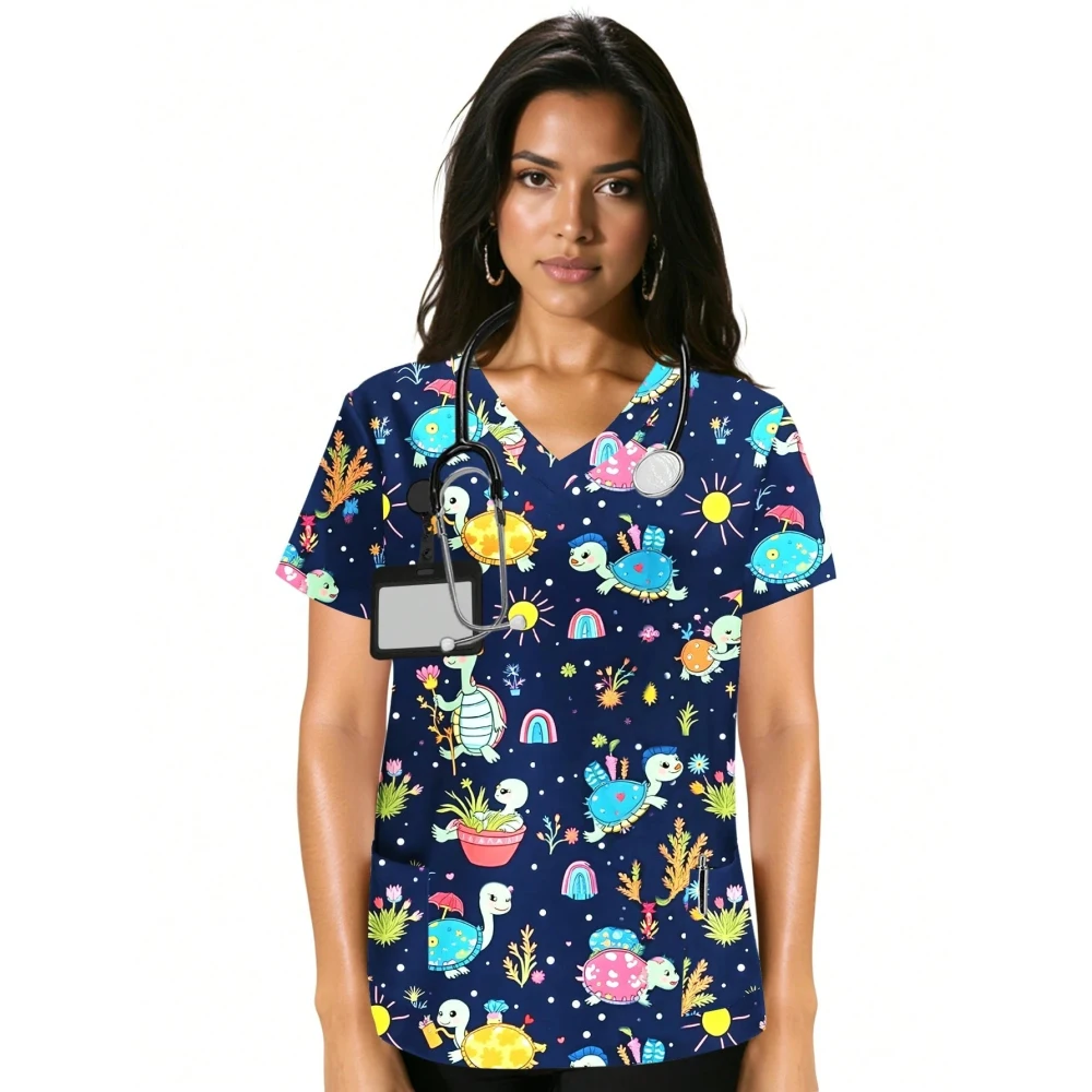ハートプリント V ネックストレッチ医療制服女性のためのカジュアル半袖パッチポケットトップススクラブ医療制服女性