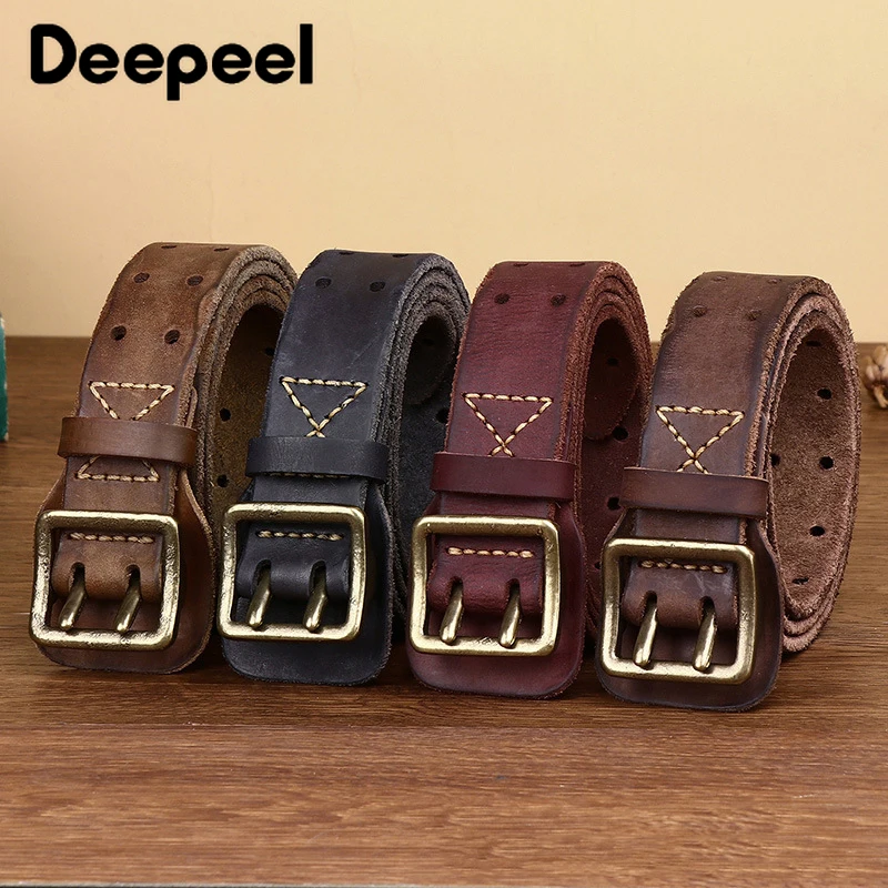 Male Retro Fashion Cowskin Belt Genuine Leather Pure Copper Double Needle Buckle Young Men's Belts New Style Cowboy Waistband