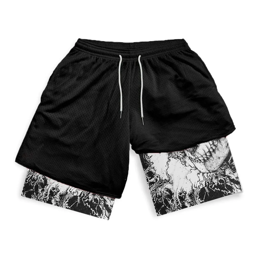 Y2K Compression Shorts Skull Print 2 in 1 Gym Shorts for Men Active Athletic 5 Inch Quick Dry Stretchy Training Fitness Workout