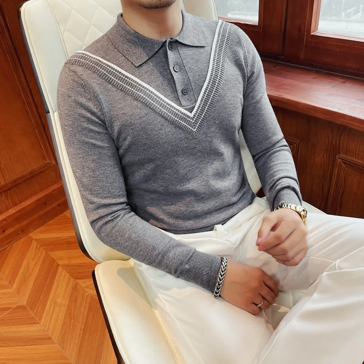 Autumn Winter Men's Fashion Casual Sweater Lapel Striped Splicing Long-sleeved Business Social Knitted Sweater Undershirt Top