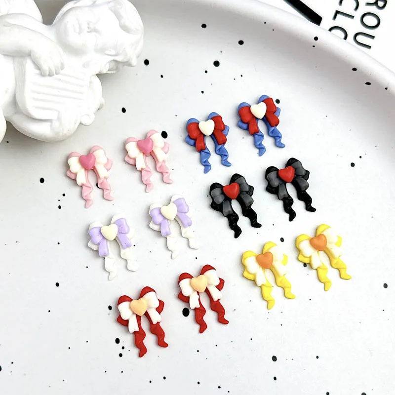 30pcs Macaron Colors Heart Bow Nail Art Decoration Double Layered Ribbon Bow Nail Charms for DIY Manicure Accessories Crafts