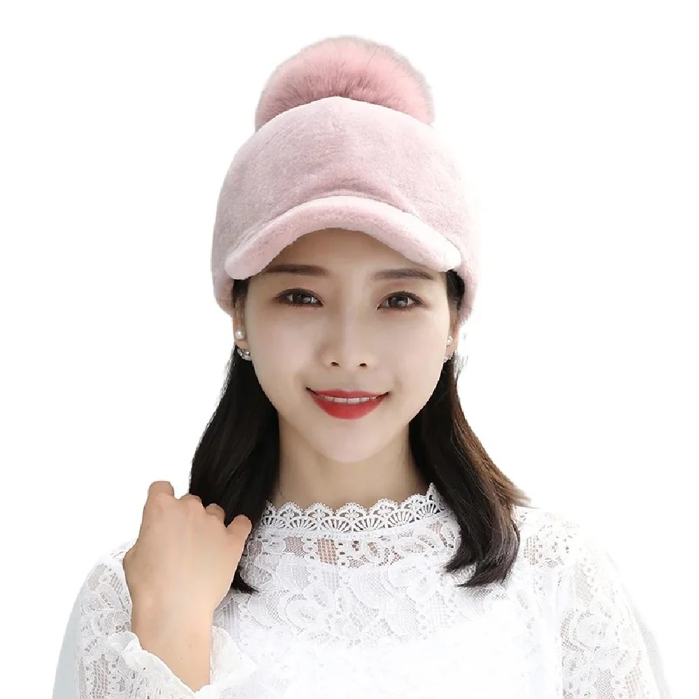 Women's Sheep Shearing Baseball Hat Winter Warm Peaked Caps With Fox Fur Ball Black Pink Grey Wine Red Blue Beige