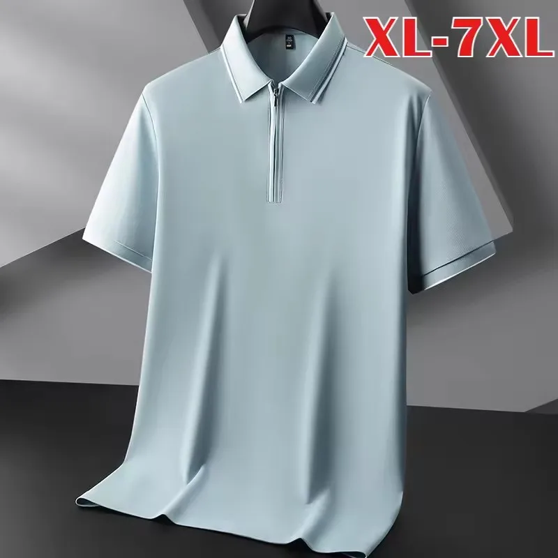Linen Cotton Summer Men's Polo Shirts Luxury Short Sleeve Zipper Mulberry Silk Half Zipper Male T-shirts Plus Size 7XL
