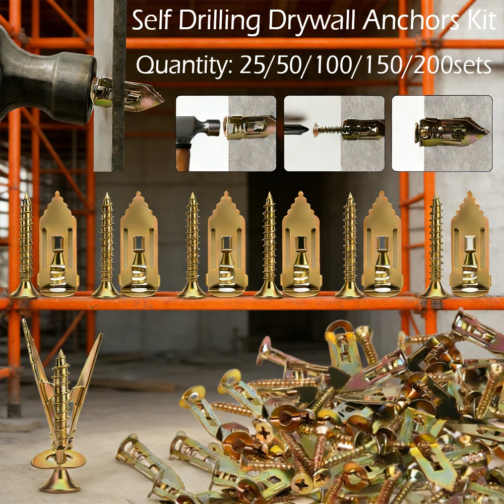 25-200Pcs All-in-1 Self-Drilling Anchors Kit , Metal Expansion Screws for Secure Heavy Duty Drywall Mounting