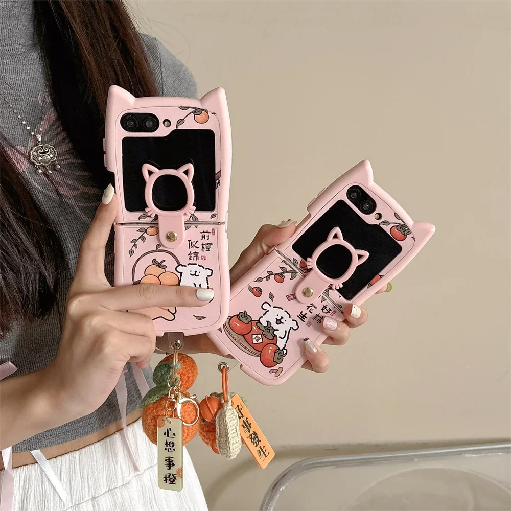 Line Puppy Good Things Happen with Lanyard 3D Ear Cat Phone Case for Samsung Galaxy Z Flip 3 4 Z Flip 5 6 5G PC Back Cover