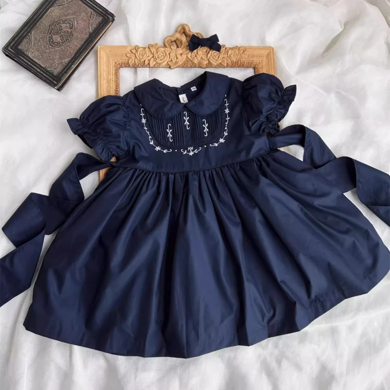 

Ins, новое летнее винтажное хлопковое темно-синее платье ручной работы с короткими рукавами и вышивкой для девочек, милое платье с цветочным узором для девочек