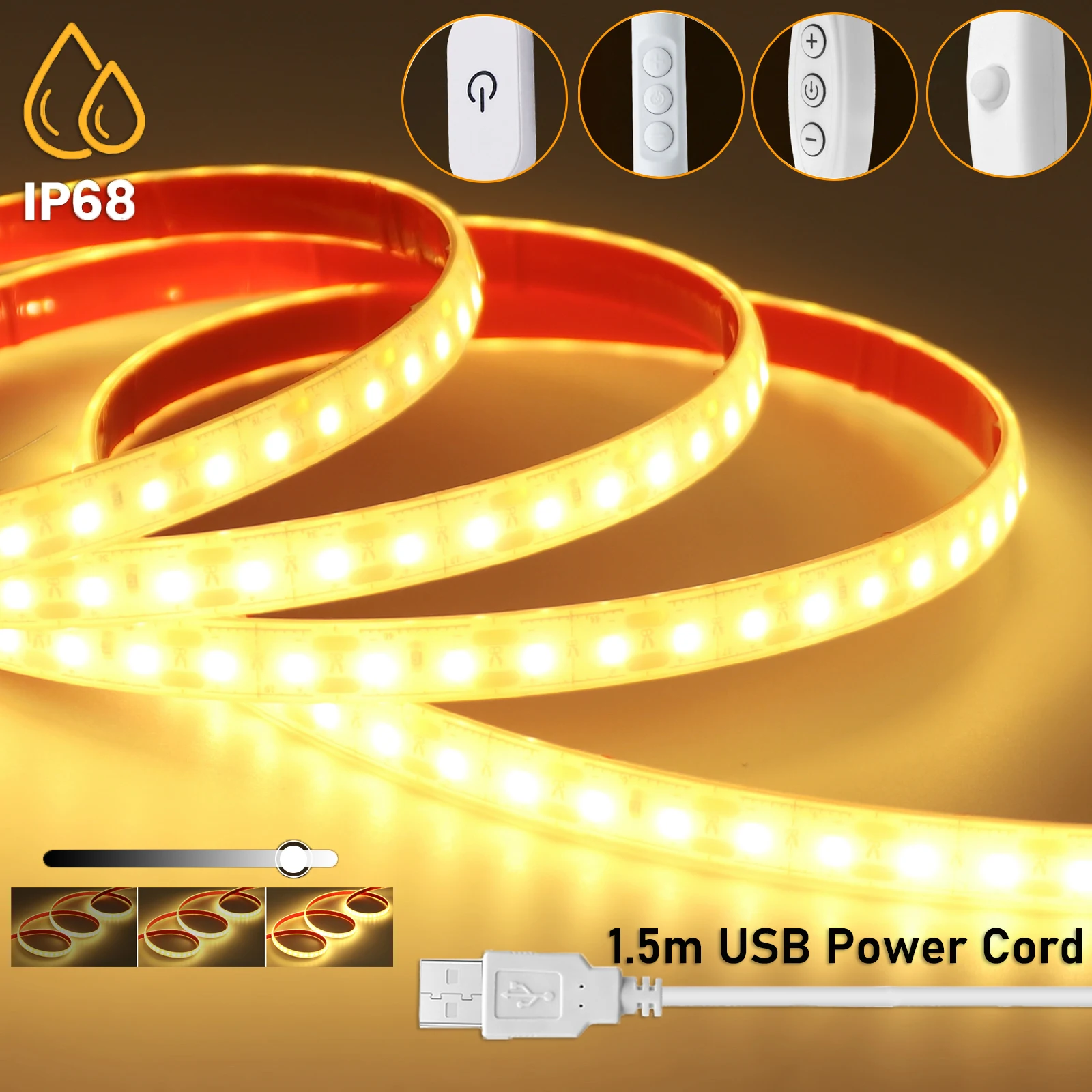 USB Dimmable LED Strip Light 5V 2835 120LEDs/M IP68 Warm White Flexible Ribbon with 1.5m ON OFF Power Cord Bedroom Kitchen Decor