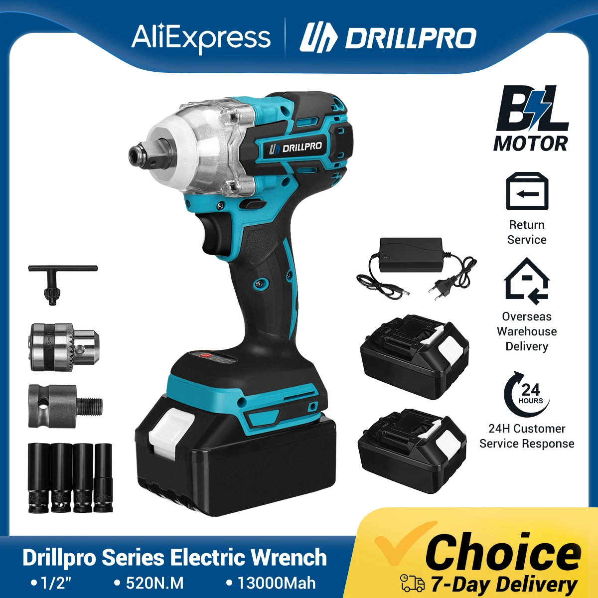 Drillpro 520N.M 1/2 inch Brushless Electric Impact Wrench Wireless Screwdriver with 13mm Collet Power Tools for Makita Battery