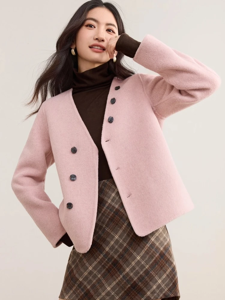 SENTBUILA Cappotti di lana double face per donna 2025 Autunno Inverno Scollo a V Piumini larghi Capispalla corti Donna W54OF2424