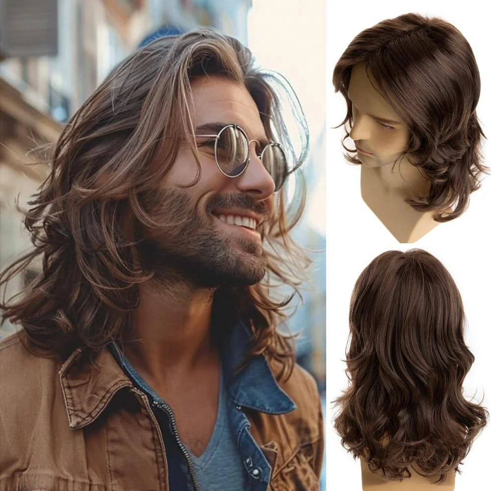 

Mens Wig Long Wavy Brown Wig for Male Heat Resistant Synthetic Hair Cosplay Party Costume Wig