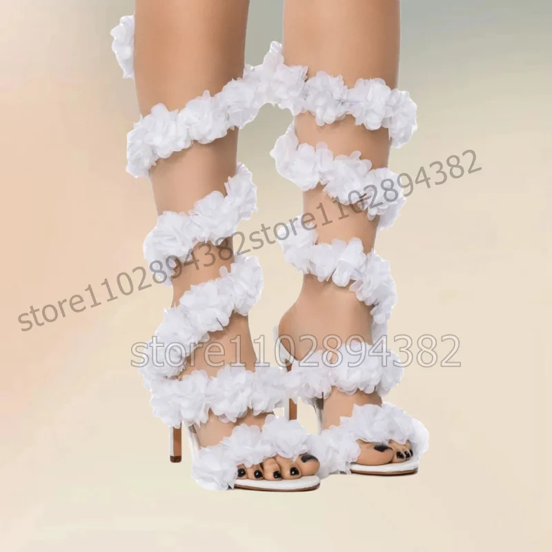 White Appliques Decor Open Toe Twine Sandals Slip On Women Shoes Thin High Heels Fashion Party Banquet 2023 Zapatos Para Mujere