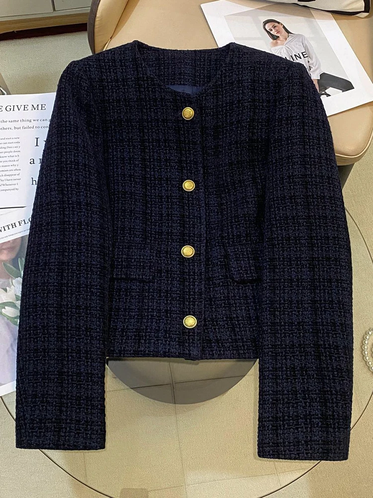 سترات نسائية أنيقة عتيقة بأكمام طويلة ورقبة دائرية وأزرار للمكتب سترة بدلة متينة لخريف وشتاء معاطف دافئة جمالية غير رسمية