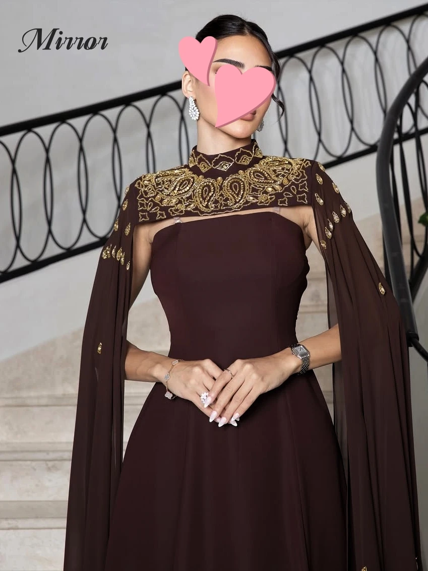 Spiegeljurk Elegante Vintage Sexy Bruine Chiffon Kralen Cape Stijlvol Aanpassen Formele Gelegenheid Galajurk Avondfeest Jurken