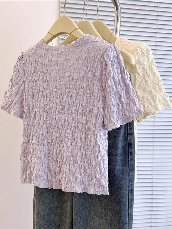 Chic Pleated ort Sve T-irt Women's Summer 2025 New Sle Korean Loose Fit round Ne Casual irt Ele Agel Top
