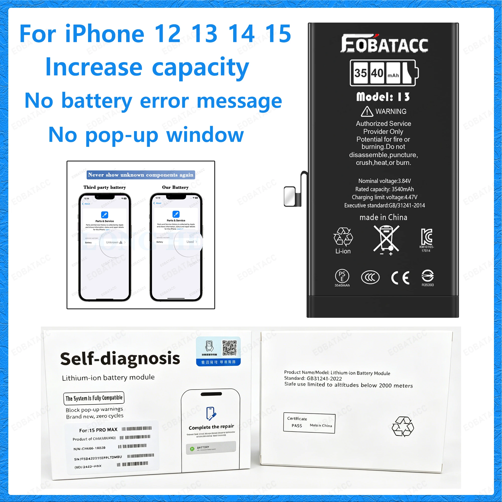 Komunikat diagnostyczny EOBATACC o oryginalnej części baterii dla iPhone 12 13 14 Pro Max Plus 15 Pro Max – wymiana baterii