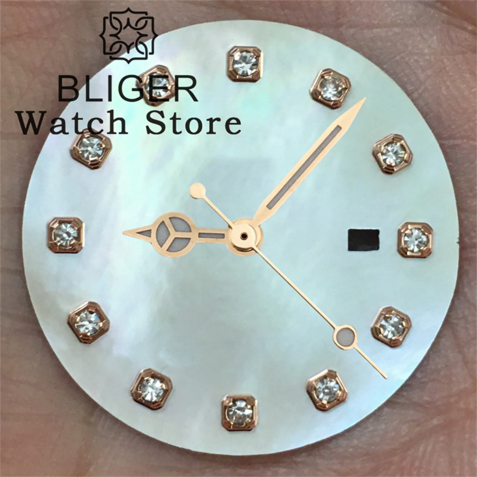 BLIGER 24.5mm Watch Dial Sunburst Rose Gold Mother Pearl White Silver Gold Rose Gold Diamond Index with Hands Fit NH05 Movement