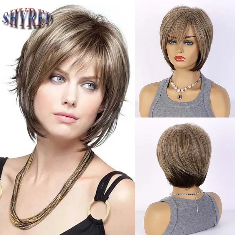 

Short Pixie Cut Wig Mixed Brown Synthetic Wigs with Side Bang Dark Roots Ombre Wig for Women Fake Hair