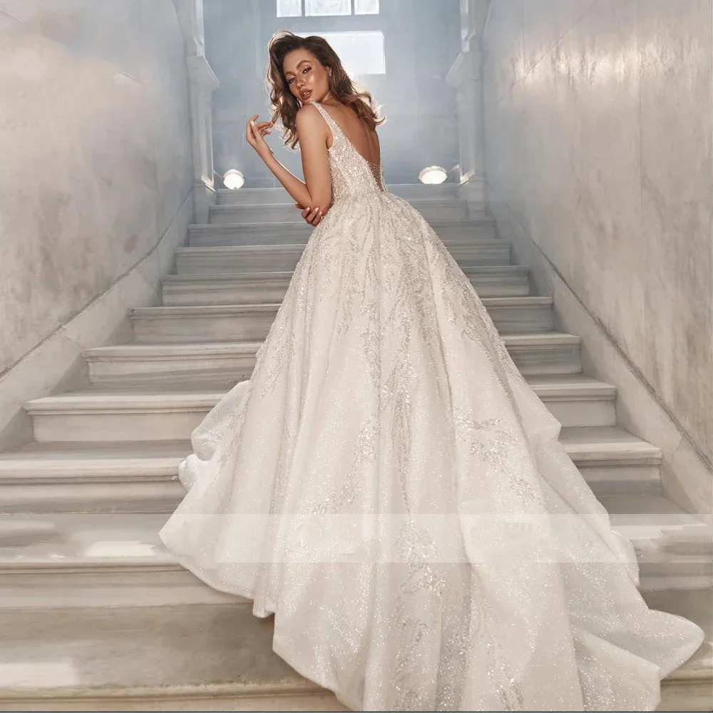 Customized Sparkly Lace Wedding  Dresses Square Collar Sleeveless Vestido De Novia Embroidery Sequined Robe De Mariee