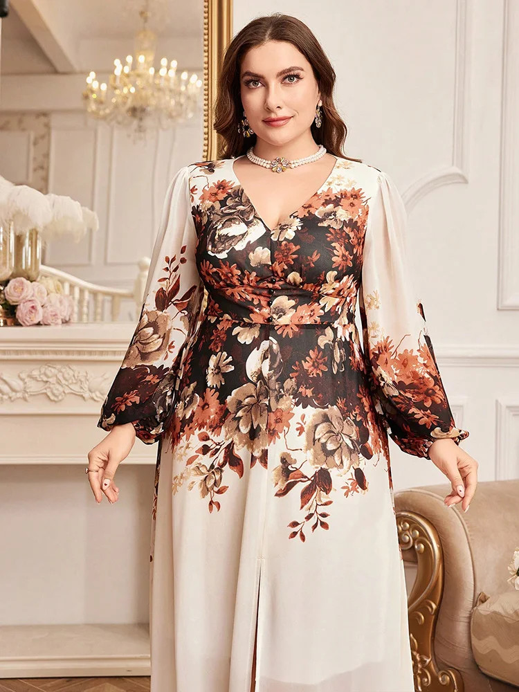 TOLEEN 2024 New Summer Plus Size Womens Luxury Elegant Party Long Dress Lantern Sleeve Arabian Clothing With Floral Print V-Neck