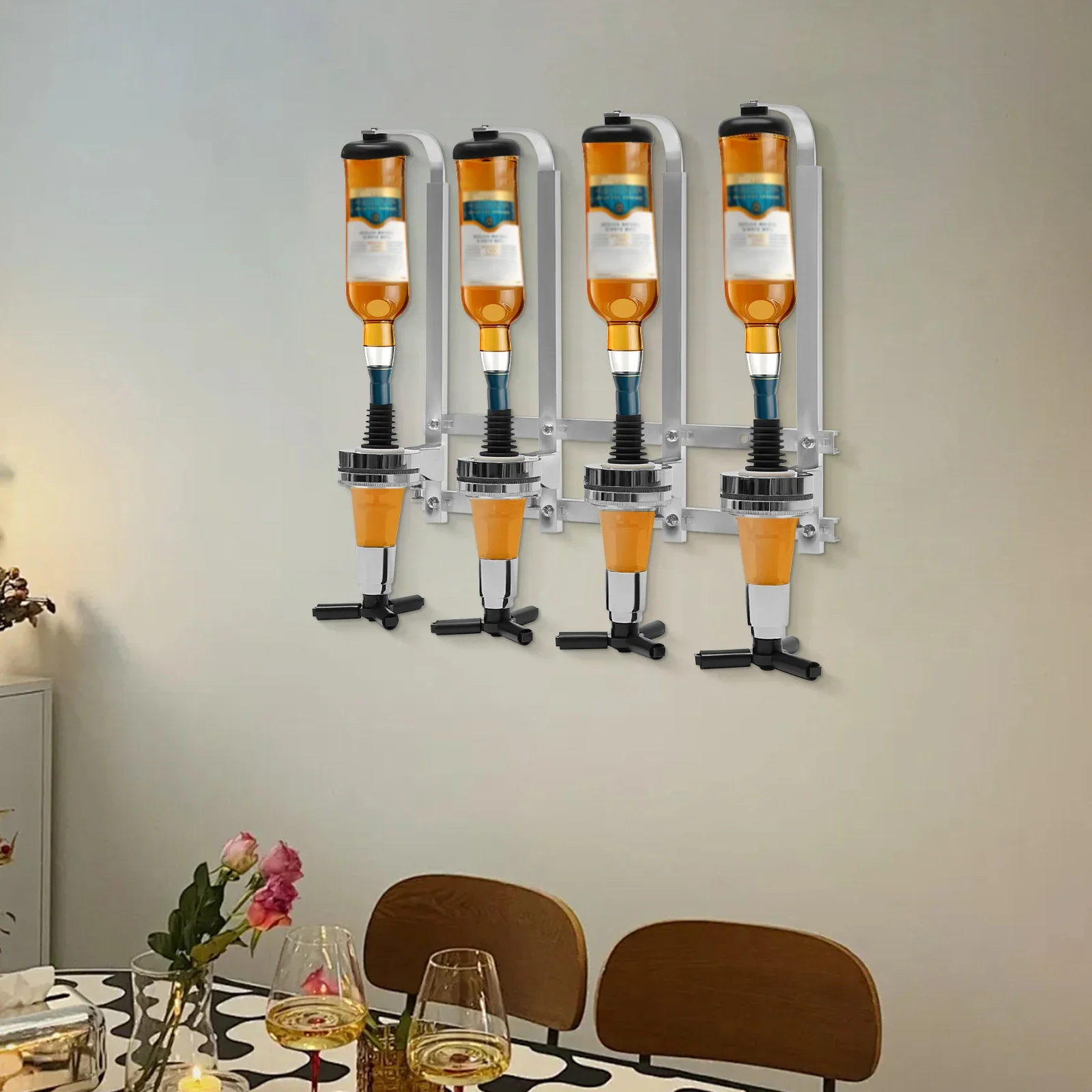 

Modern 4 Bottle Dispenser Whiskey Wall Mounted Wine Alcohol Liquor Cocktail Beer Butler Wall Bracket Dispenser w/ 4X 25ml Optics