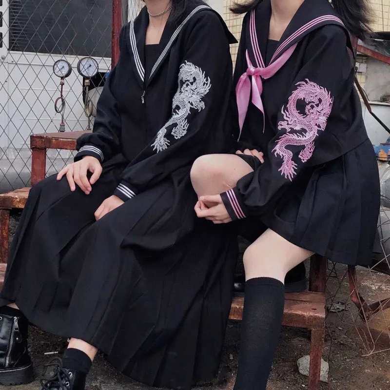 Traje de marinero japonés de dragón rosa, uniforme JK, Cosplay de Anime, colegiala, ropa de estudiante de estilo japonés, Falda plisada de escuela secundaria