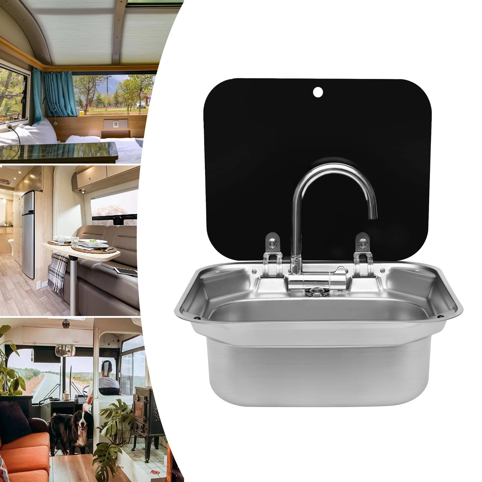 

RV Caravan or Boat Stainless Steel Hand Wash Basin Sink with Folded Faucet Tempered Glass Lid van Camper Trailer Accessories