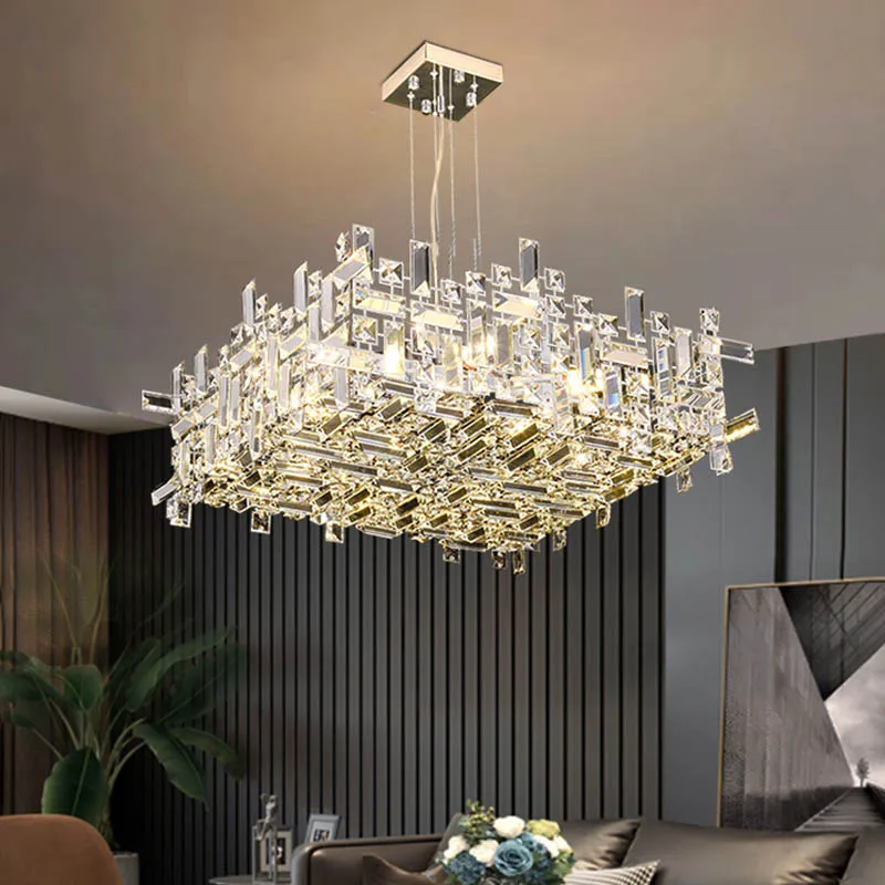 Italian Luxury Crystal Pendant Lights Modern Home Decoration Villa Bar Living Room Ceiling Chandelier Simple Square LED Light