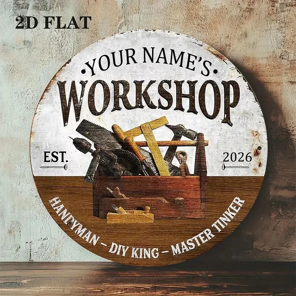 CIFbuy Round Workshop Metal Plaque,Personalized Custom Name Vintage Toolbox Handyman Garage Wall Ornament (Only For Decoration)