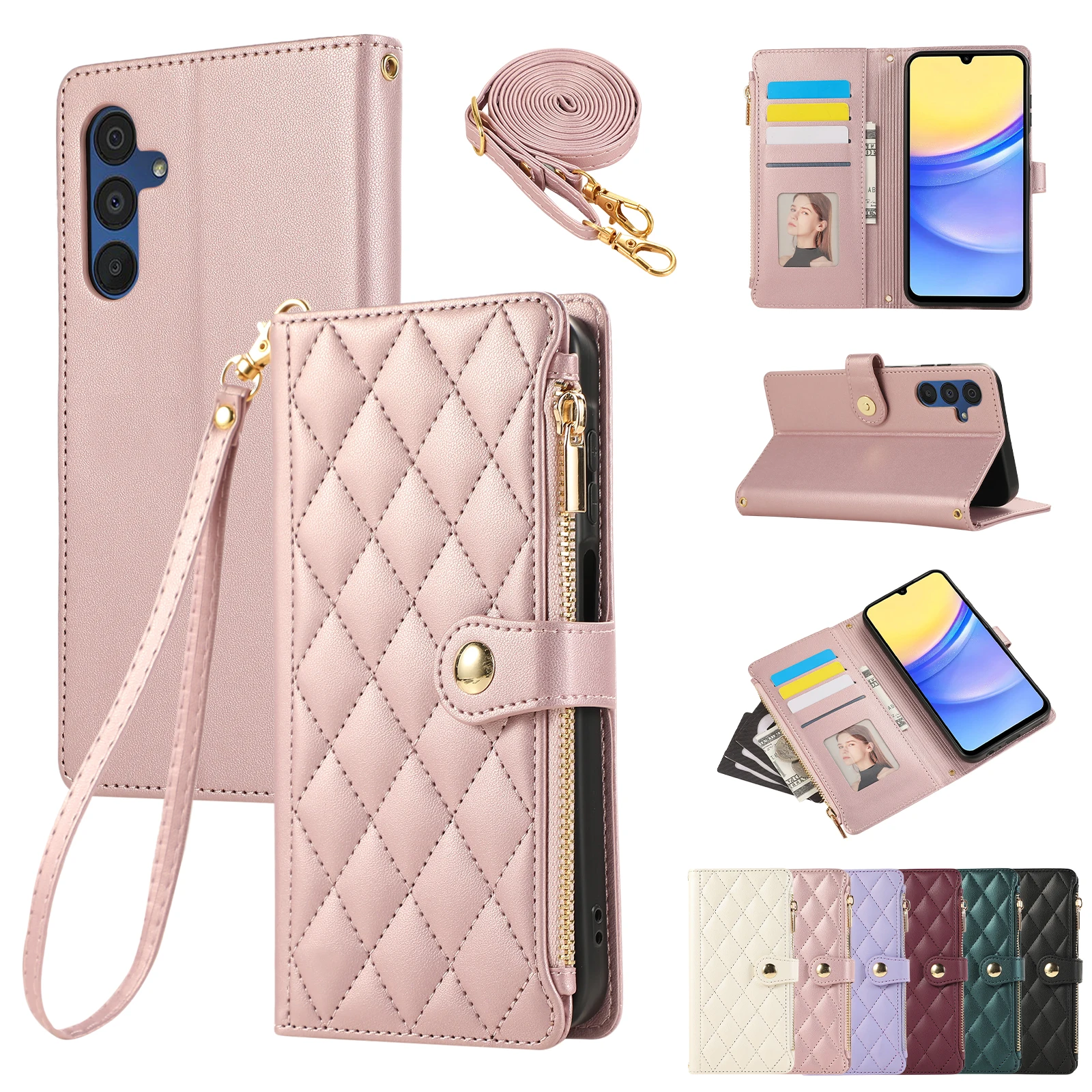 Crossbody Zipper Cards Solt Wallet Leather Case For Samsung Galaxy A55 A15 A25 A35 S24 Ultra S23 Plus S22 S21 FE Lanyard Cover