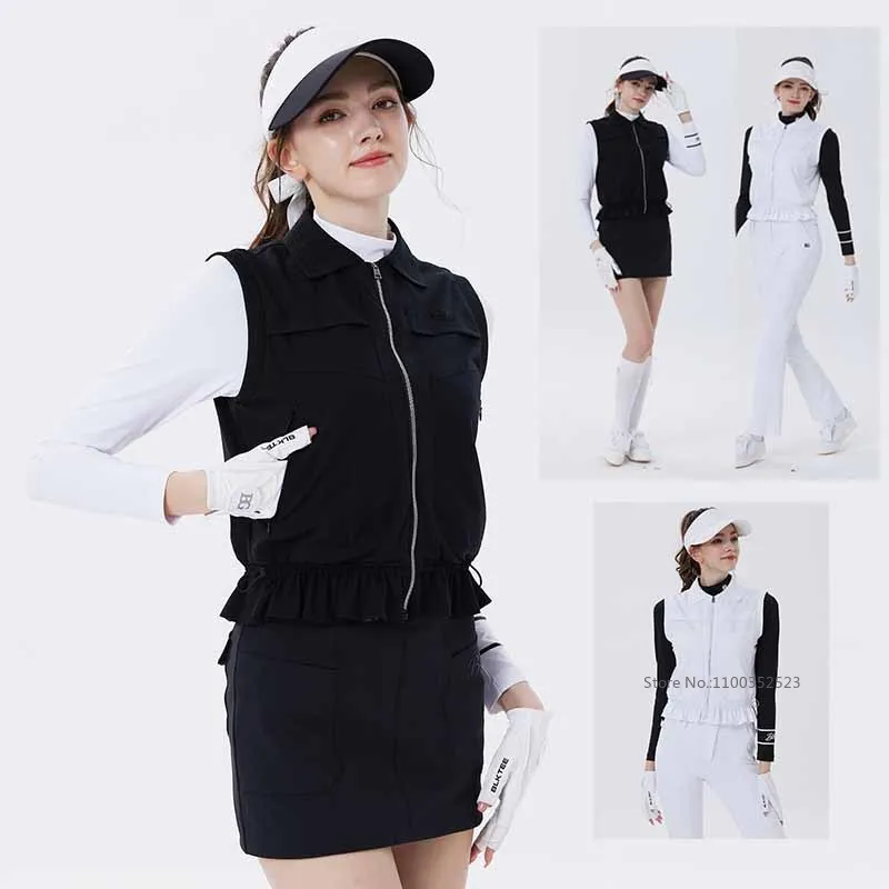 Blktee Autumn New Golf Vest Women Sleeveless Jacket Ladies Ruffle Hem Sports Lapel Tops Windproof Elastic Waist Golf Jersey Coat