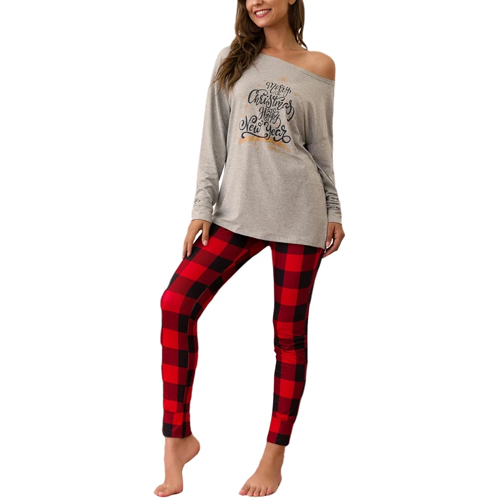 2PCS Set Christmas Women Pajama Sets Printed Long sleeve Loose T shirt Top And Plaid Pants Suit Women Casual Home Clothes